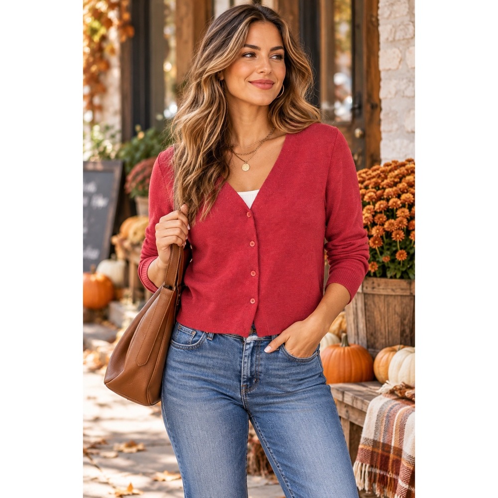 Womens M Red V Neck Button Front Cardigan Lightweight Knit Preppy Fall Cozycore